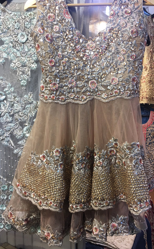 Stylish Wedding Dress in Gold Brown Color.Work Embellished With Hight Quality Tilla Threads,Sequance Nagh And Pearls Work.With Beutiful 3D Flowers.