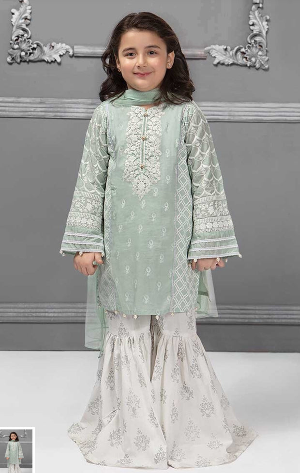 Kids Kurta Gharara In light Green Color.Work Embalished Tilla Threads Embroidery On Sleeves And Neck Line.