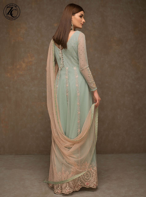 Indian Anarkali Frock In Turquoise And Baby Pink Color.Work Embleshid With Dabka Dhaga,Zari Pearls And Stone Work.
