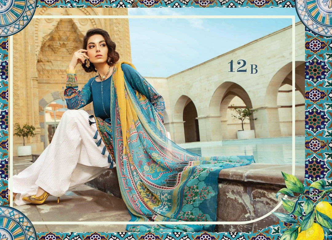 Pakistani Lawn Dress by Maria B In Dark Blue Color.Work Embellished With Pure Threads Embroidery.