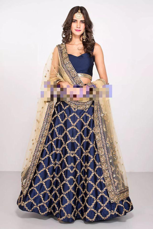 Indian Engagement Bridel Lahnga choli. In Dark Blue Color.Stlyish Lahnga Choli Work Embalished With Pure Dabka,Zari,Sequance,And Zardozi Work.