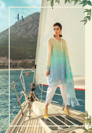 Stylish Pakistani Lawn Dress By Maria B In Beutifull Sky Blue And Lemon Color.Work Embellished With Threads Embroidery And Cutwork Patches.