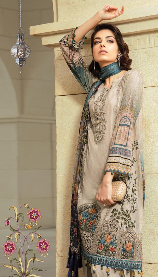 Maria B Stylish Dress In Beutifull Light Gray And Dark Blue Color.Work Embellished With Multi Threads Embroidery And Patches Work.