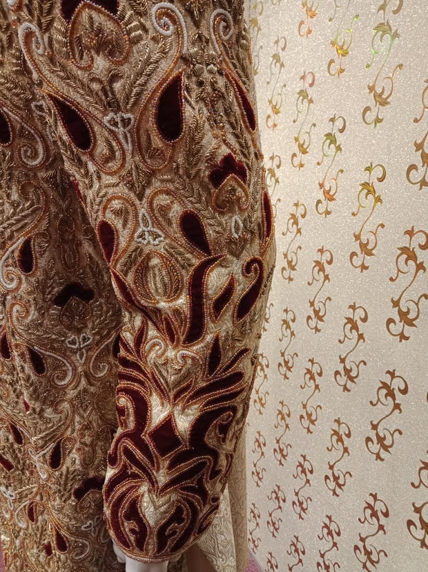 Dulha Sherwani In Offwhite Gold Color.Work  With Full Velvet Appliqué,Zardozi,Dabka & Stone Work. Same Work On Khusa.