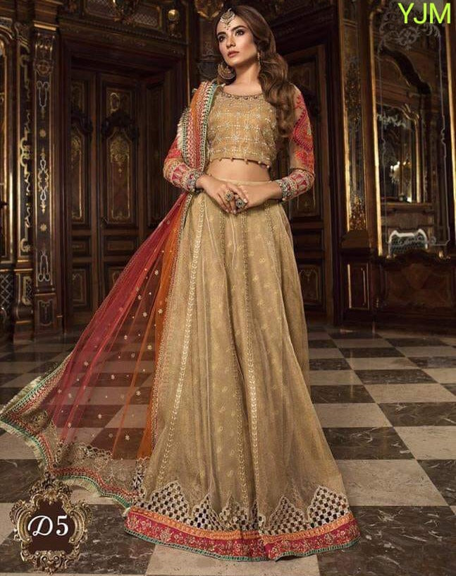Lahnga Choli in Gold Color By Maria.B With Handwork Pearls Sequance and Cutwork.