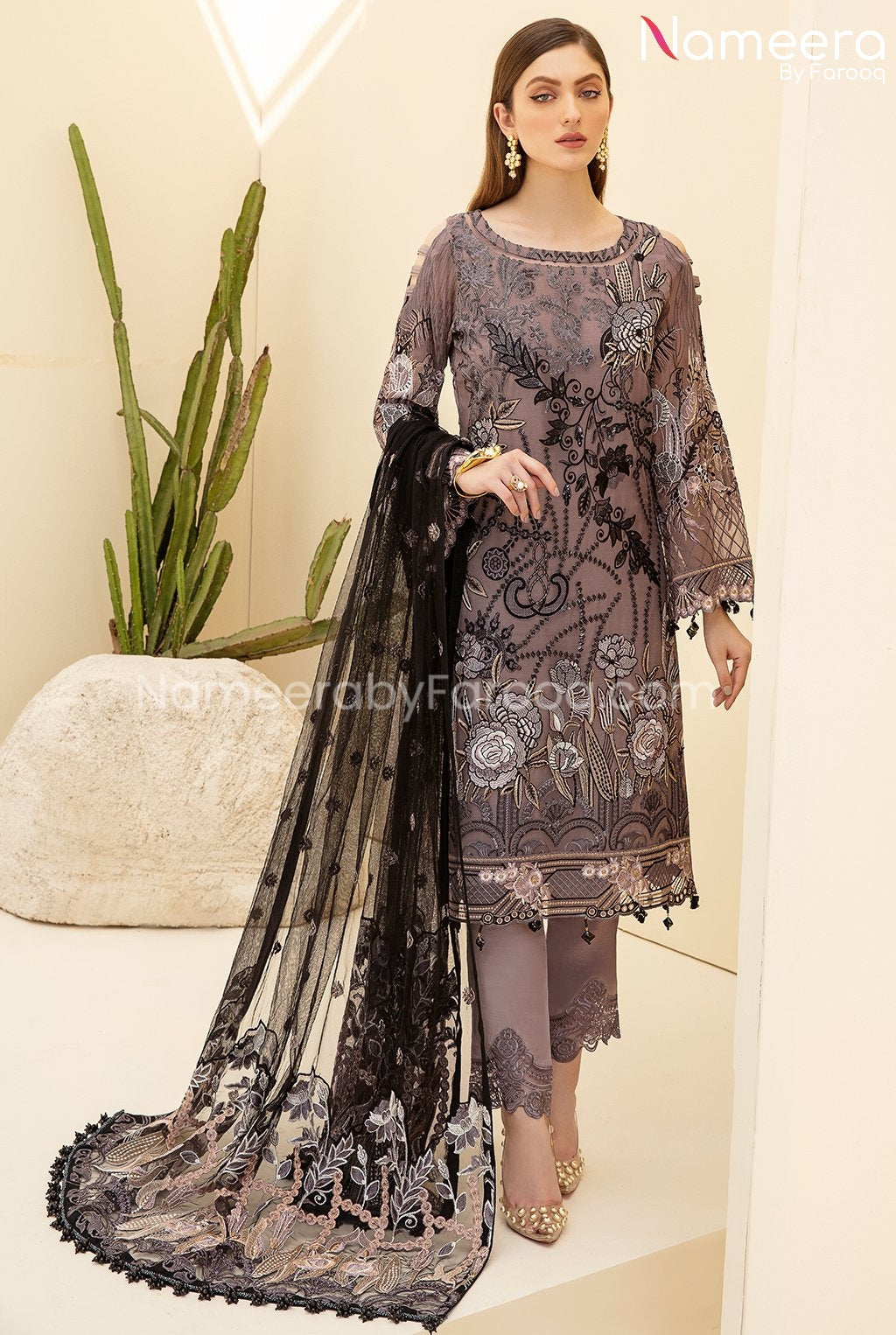 Agha Noor Embroidered Chiffon Dress Tea Pink Online 2021 – Nameera by Farooq