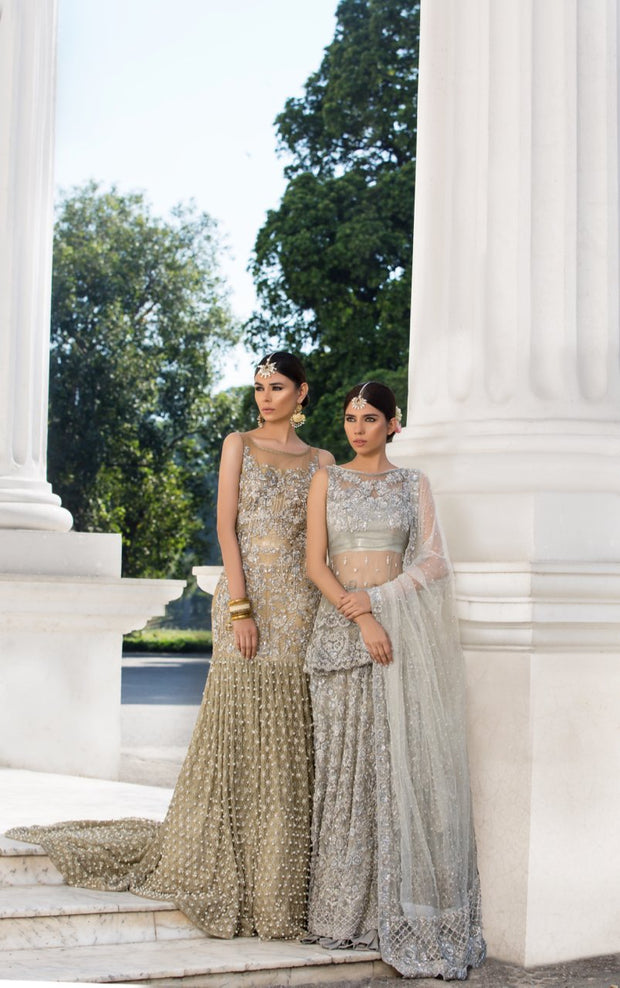 Buy Asian Bridal Outfit in Alluring Gold Color Embroidered Nameera by Farooq