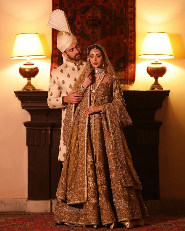 Anarkali Lehenga Jacket Golden Bridal Dress Pakistani
