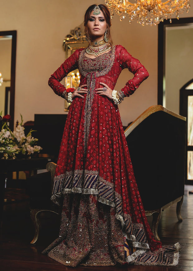 Angrakha style gharara dress in deep red color embroidered