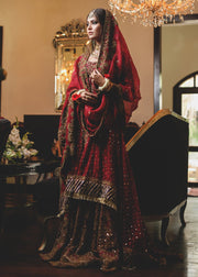 Beautiful anghrakha style gharara dress in deep red color