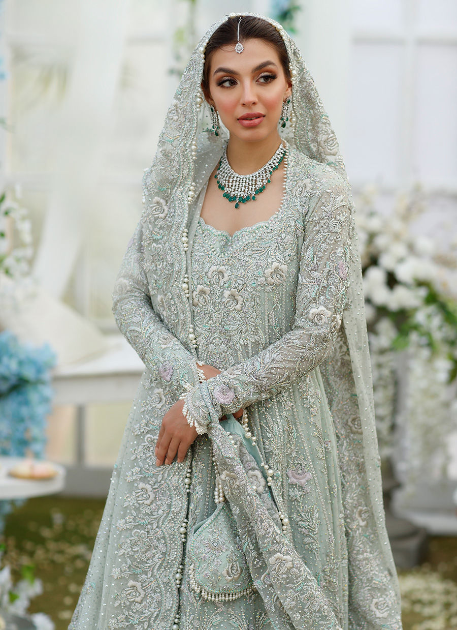 Designer Aqua Bridal Lehenga Gown for Indian Bridal Wear – Nameera by Farooq