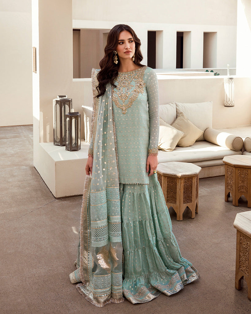 Aqua Color Kameez Sharara Pakistani Wedding Dresses – Nameera by Farooq