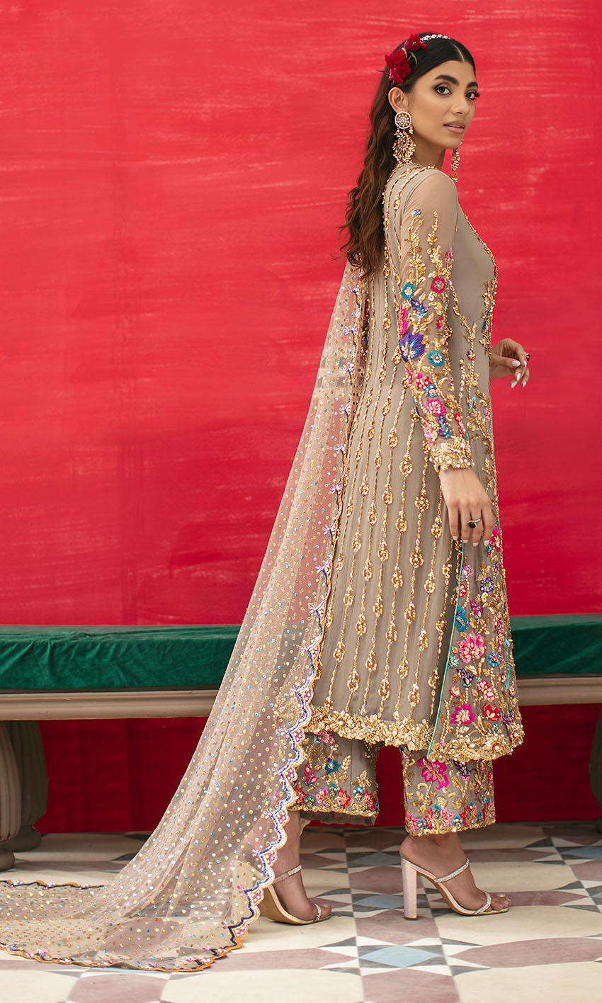 Ash Grey Long Kameez Capri for Pakistani Wedding Dress
