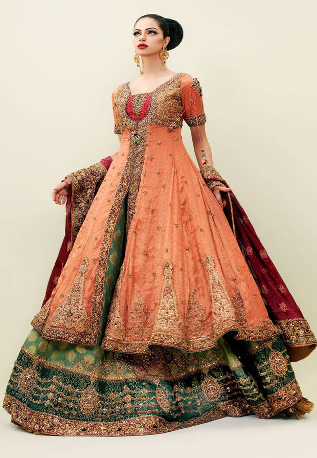 Asian Bridal Frock Lehnga in Orange Color