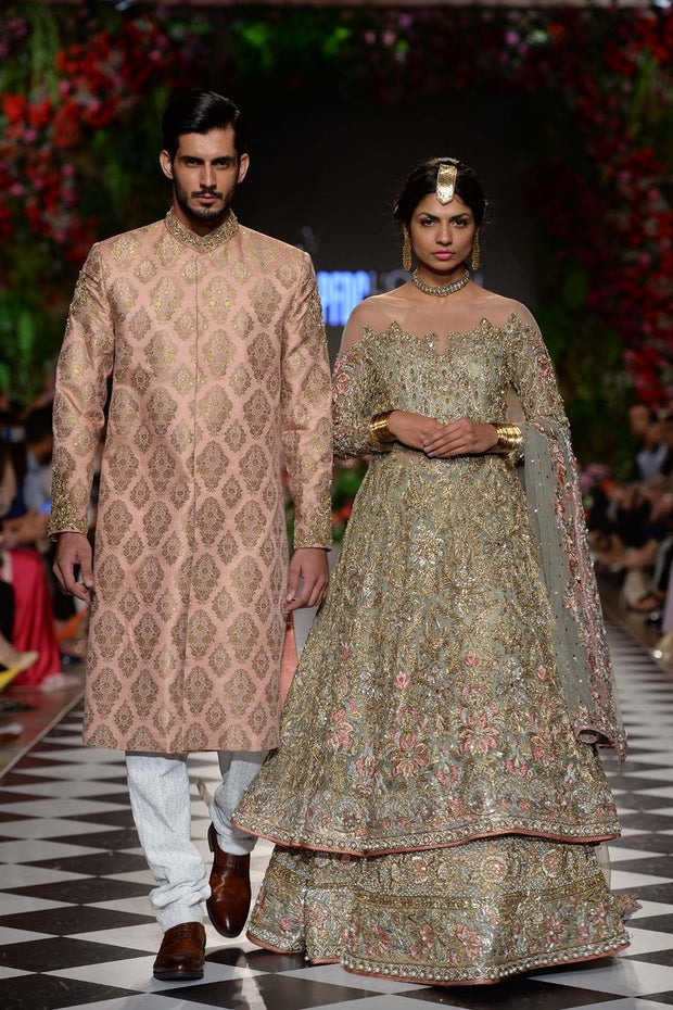 Asian Walima Dress for Bride in Mint Green Color C2081