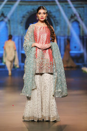 Asian designer embroidered dress in red, blue and white color