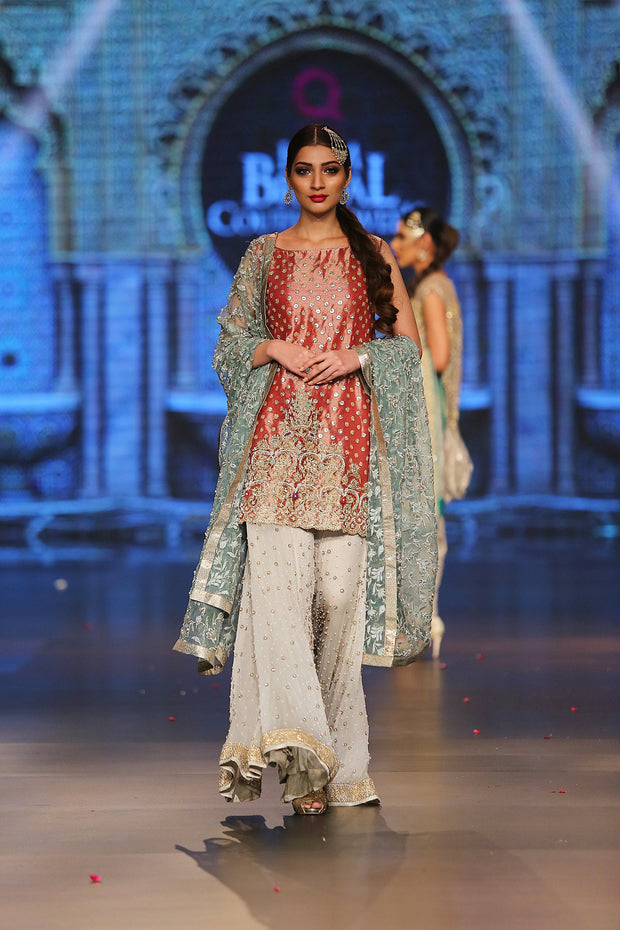 Asian designer embroidered dress in red, blue and white color