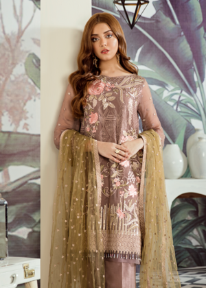 Latest Asian embroidered chiffon dress in elegant brown color