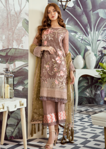 Latest Asian embroidered chiffon dress in elegant brown color 