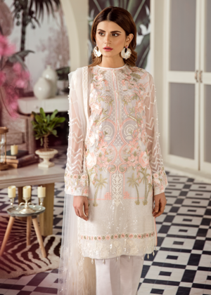 Latest Asian embroidered chiffon outfit in elegant white color