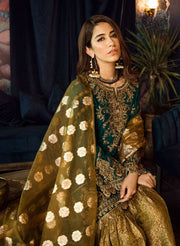 Beautiful Asian embroidered velvet dress in sea green color