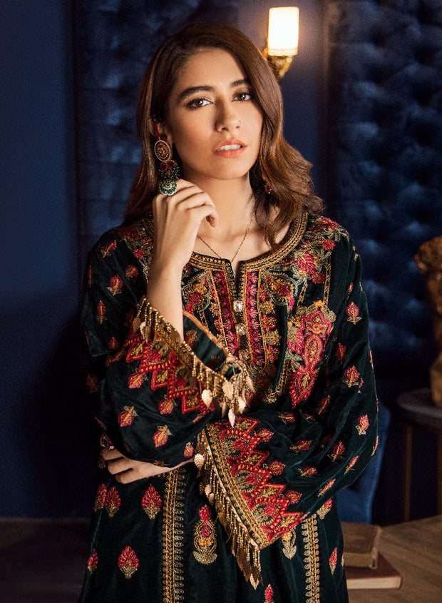 Beautiful Asian embroidered velvet outfit in bottle green color