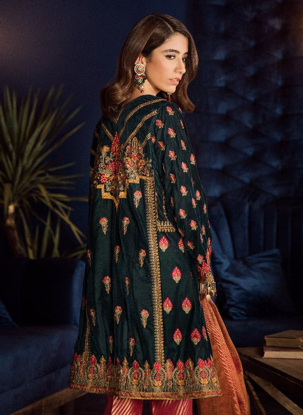 Beautiful Asian embroidered velvet outfit in bottle green color