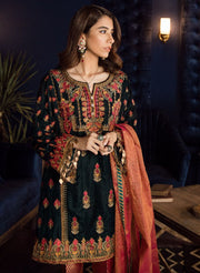 Beautiful Asian embroidered velvet outfit in bottle green color 