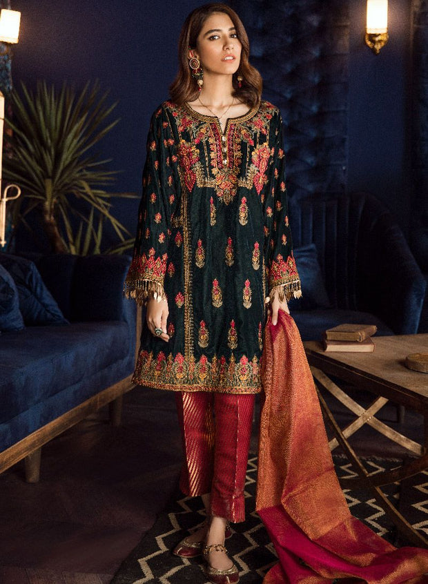 Beautiful Asian embroidered velvet outfit in bottle green color