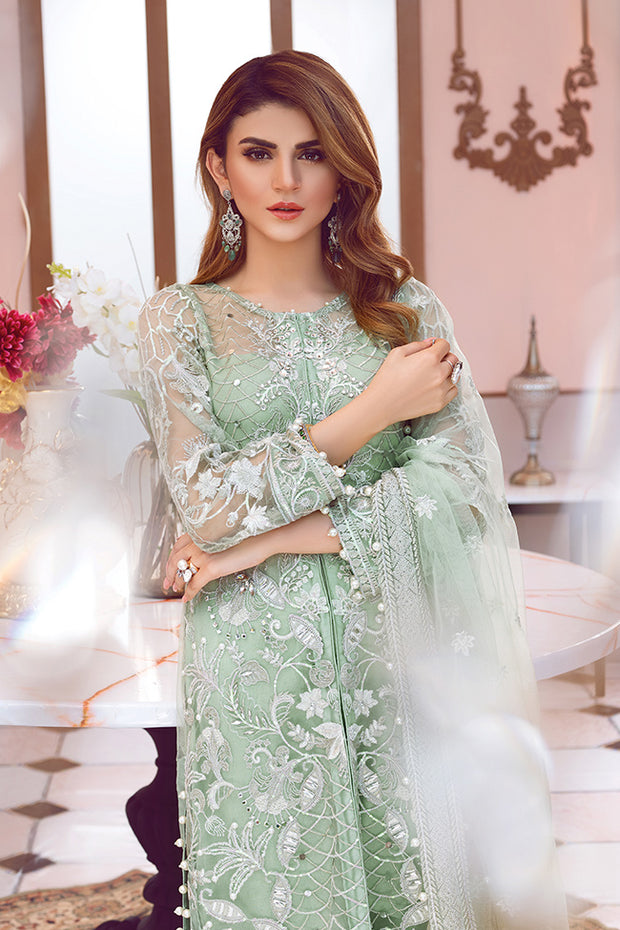 Beautiful designer Asian net embroidered outfit in green color