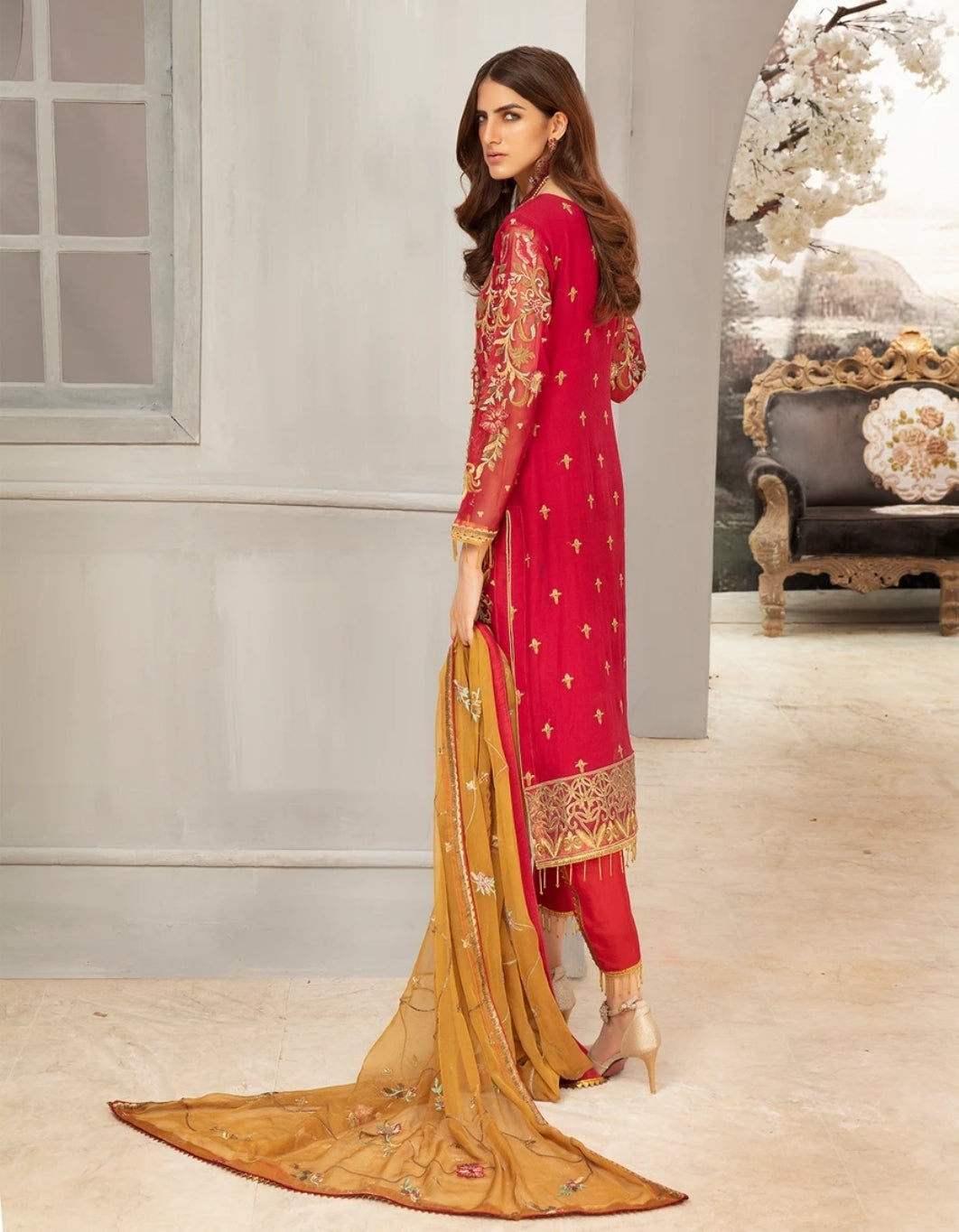 Asian embroidered chiffon dress