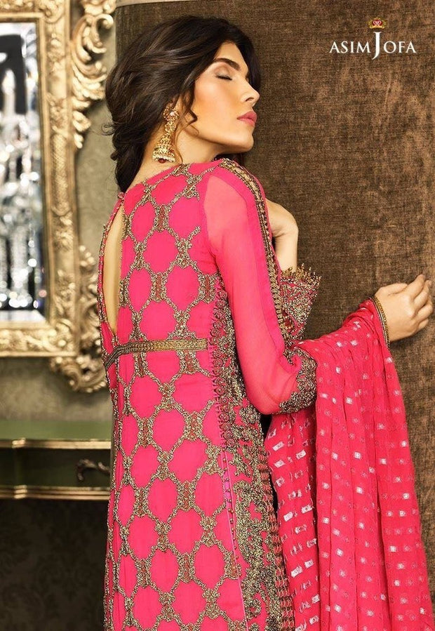 Asim Jofa Chiffon Designer Dress In Shocking Pink Color