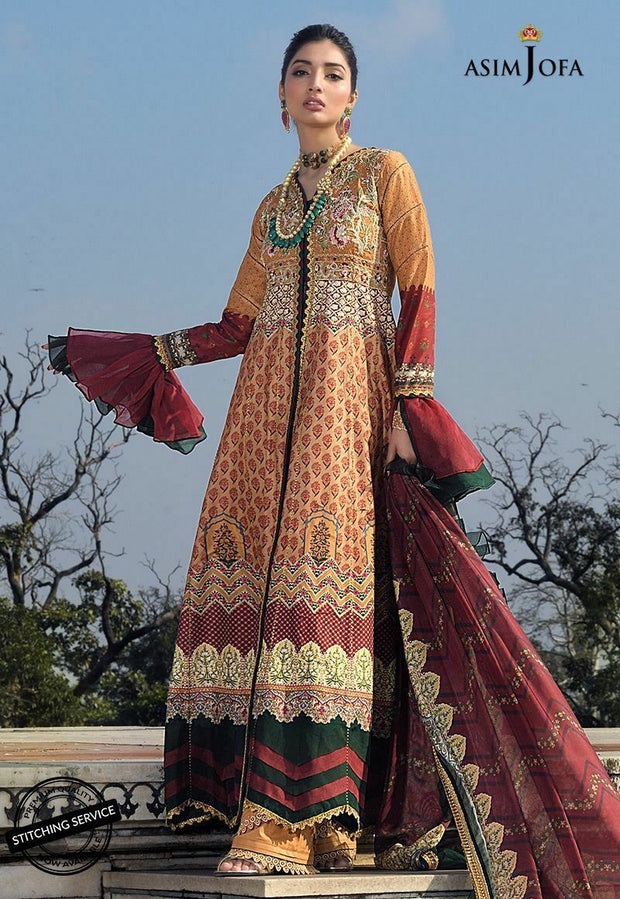 Asim Jofa Embroidered Lawn Dress in Rust Color 