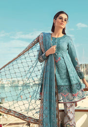 Asian Stylish Lawn Dress by Sobia Nazir In Stylish Paplam Shirt And Boot Pants.Work Embellished With Pure Dhaga Embroidery & Cutwork Patches.