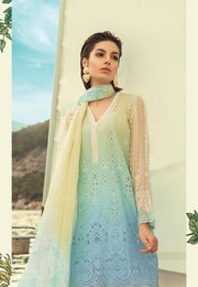 Stylish Pakistani Lawn Dress By Maria B In Beutifull Sky Blue And Lemon Color.Work Embellished With Threads Embroidery And Cutwork Patches.