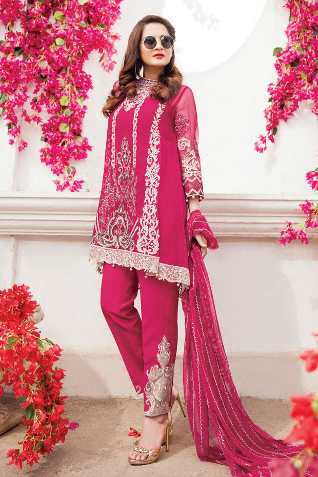 Beautiful chiffon dress in dark shokin pink color by imrozia