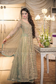 Beautiful bridal maxi in mint green color with dull gold and silver color