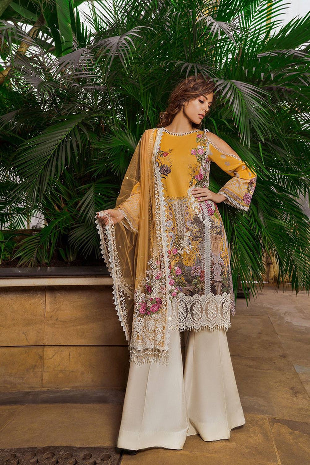 Pakistani Lawn Suit By Sonia Nazir In Beautiful Yellow Gold Color.Work Embellished With Three D Prints Hevey Multi Threads Embroidery And Daman Cutwork Patches.