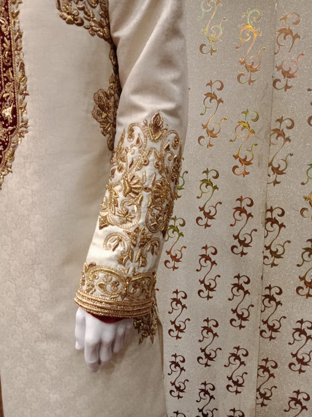 Pakistani Sherwani Royal Look In Off White Color. With  Jama War Cloth.Work Embellished With    Valvet Appliqué,Dabka And Zardozi Work.Royal Look Turban Also Available.