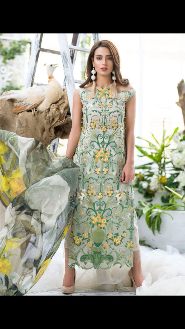 Beutifull lawn dress by Asifa nabeel in pistachio green color Model # L 1228