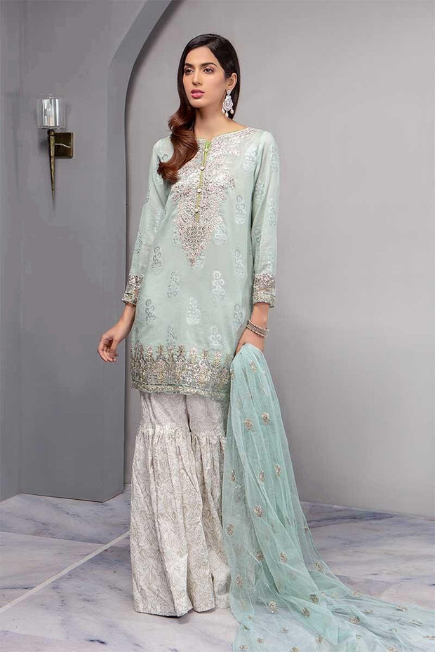 Indian Short Shirt Gharara Pants In Two Diffrent Color.Work Emballished With Silver Tilla Dhaga Embroidery.