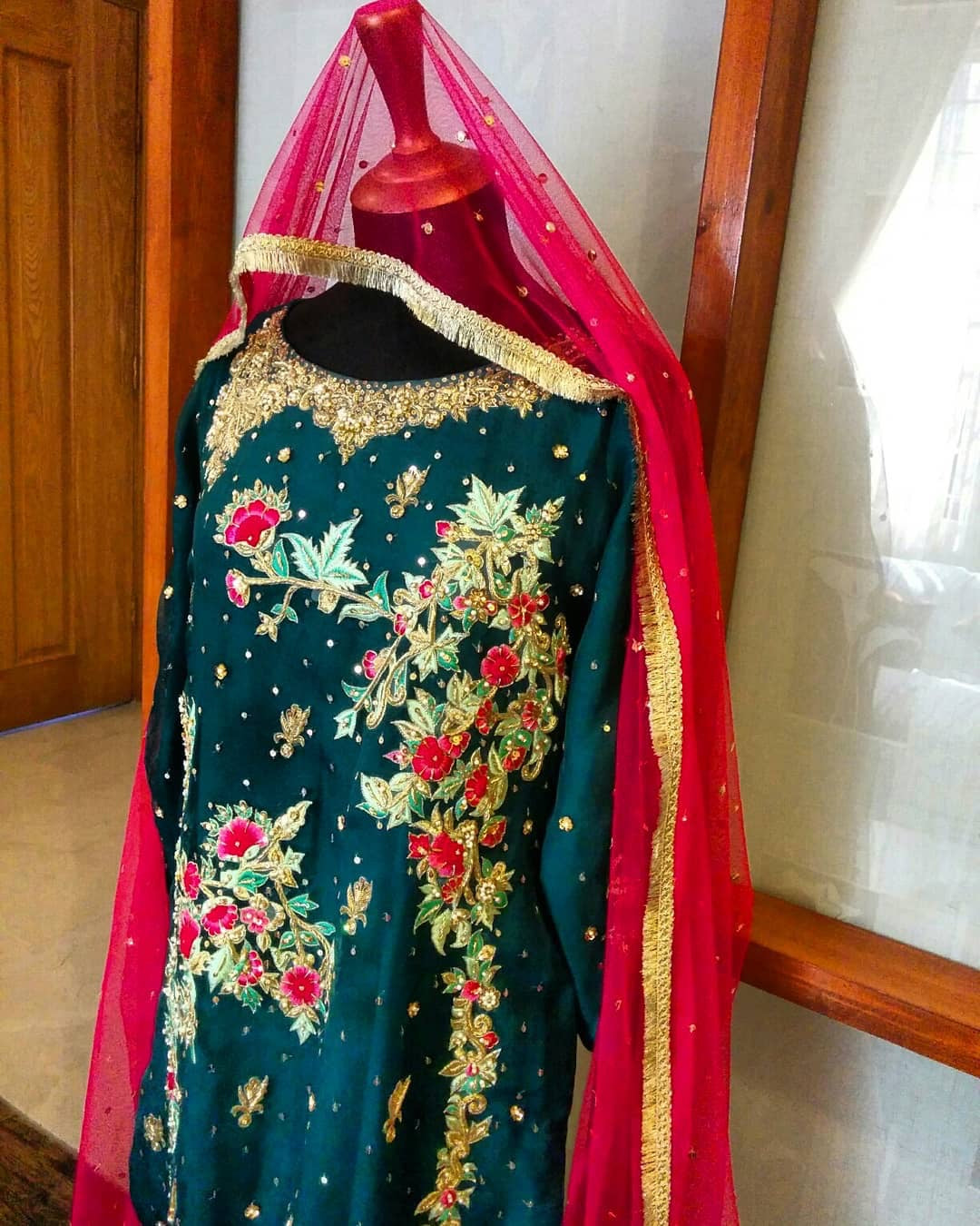 Beutifull wedding party dress in dark green and shokin pink color Model# W 1175