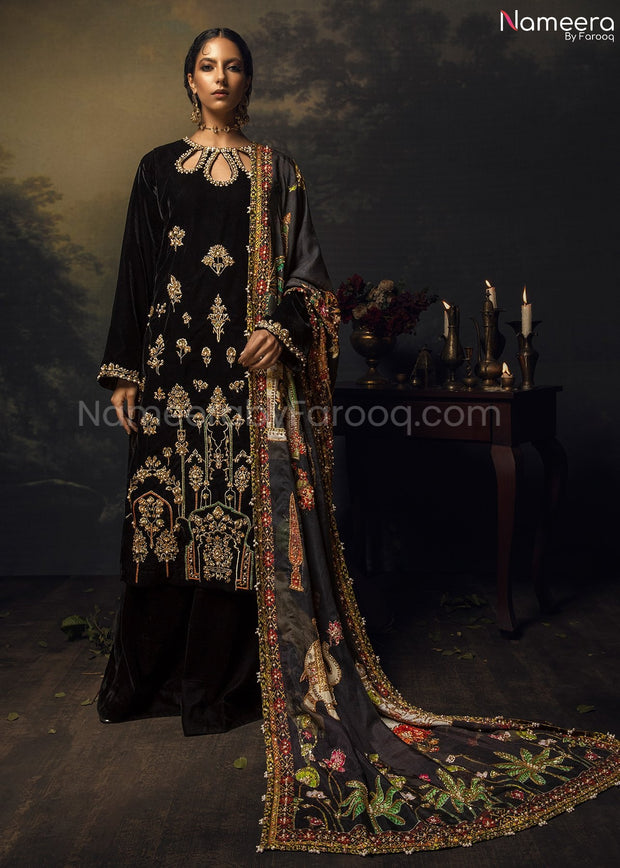 Black Velvet Salwar Kameez for Wedding Party 