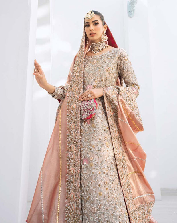 Baby Pink Lehenga Raw Silk Gown Pakistani Wedding Dresses 2023