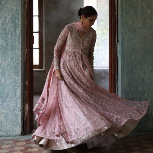 Baby Pink Net Lehenga Frock Pakistani Bridal Dresses 2023