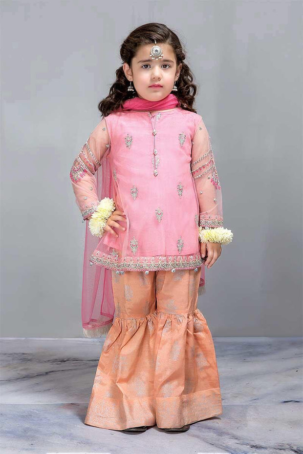 Baby Pink color Chiffon Pamplam Jamawar Gharara Dress for Kids 