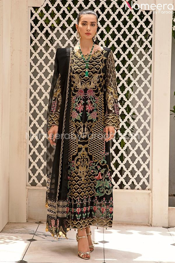 Baroque Embroidered Chiffon Dress in Black Color Online 2021 SMALL Baroque Embroidered Chiffon Dress in Black Color Online 2021 SMALL