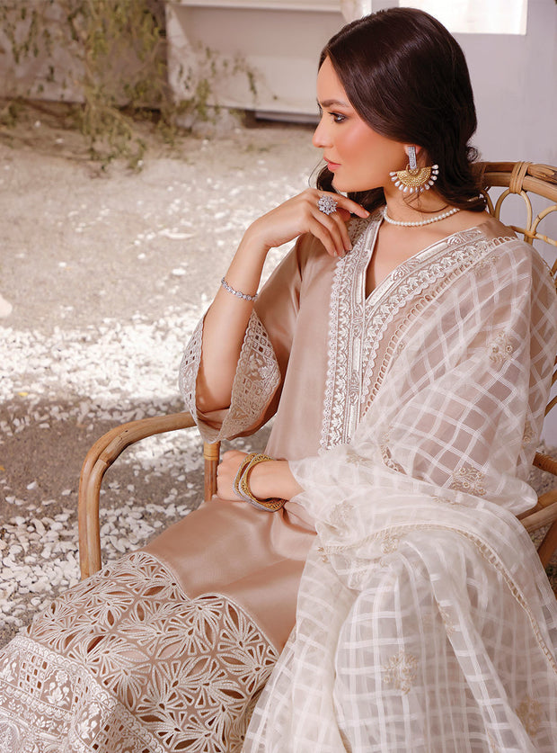 Beautiful Beige Colored Silk Kameez Trouser Pakistani Eid Dress