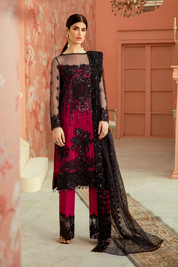 Beautiful Chiffon Party Dress in Dark Pink Color – Nameera by Farooq