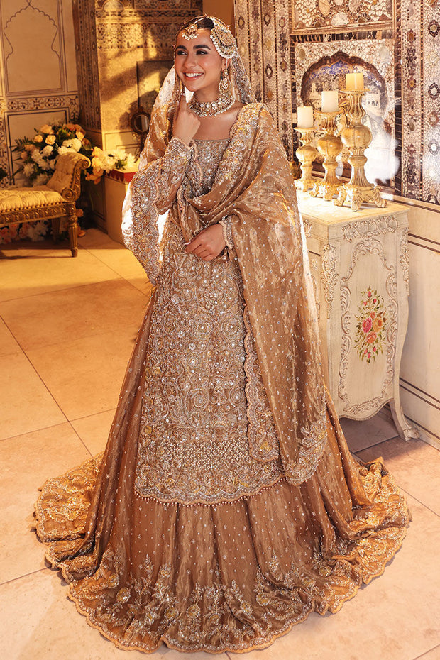 Beautiful Golden Bridal Dress Pakistani in Lehenga Kameez Style